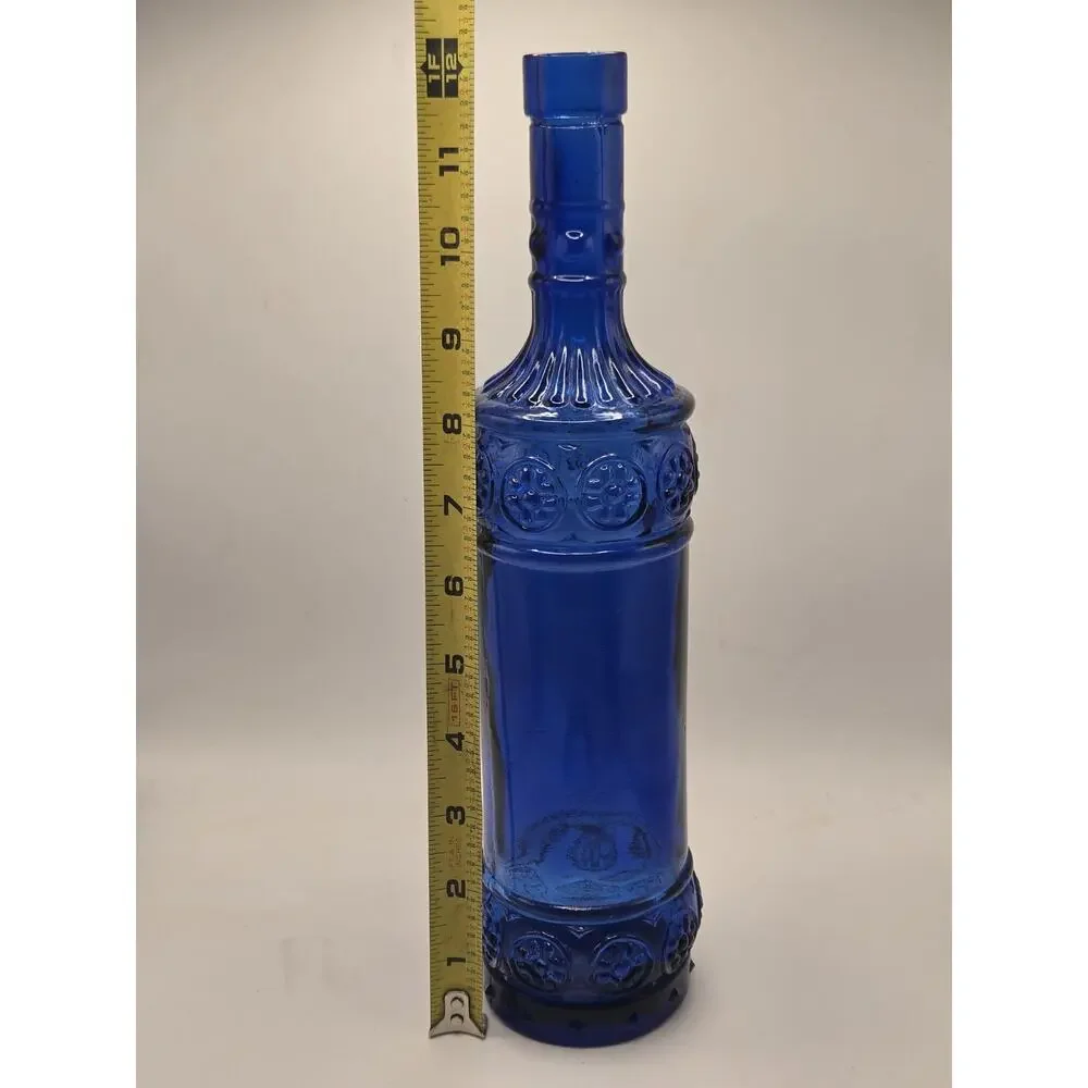 Cobalt Blue Embossed Pressed Glass Bottle Decanter Decorative 12